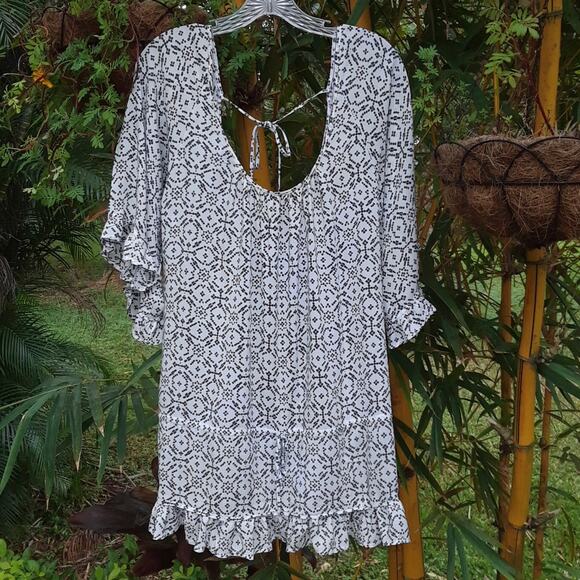 EBERJEY Tunic Top Ruffle Bell Sleeve Dress SZ S M Blue White Low Back Ties - Picture 1 of 6